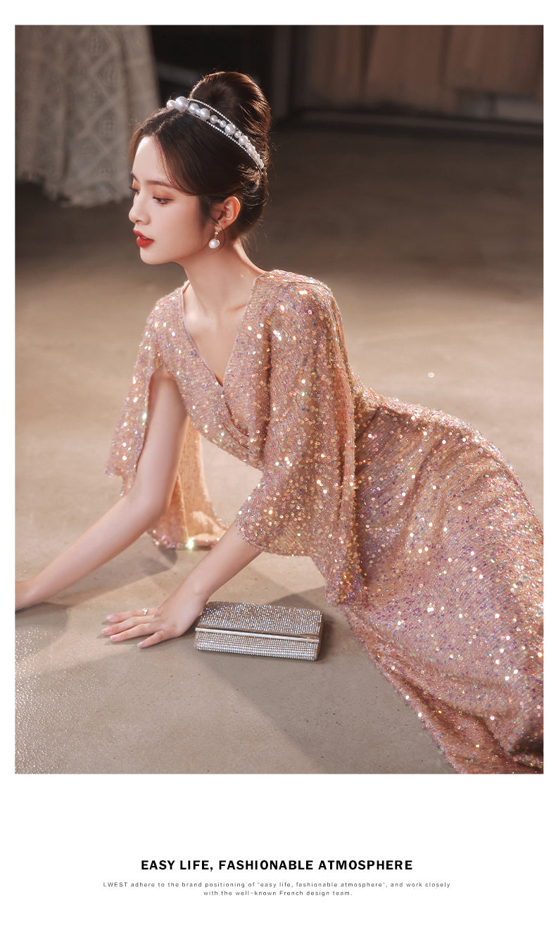 Foreign Trade Cross-Border Supply Evening Dress for Women 2024 New Banquet Socialite Temperament Entry Lux Niche Host Sense Sequins