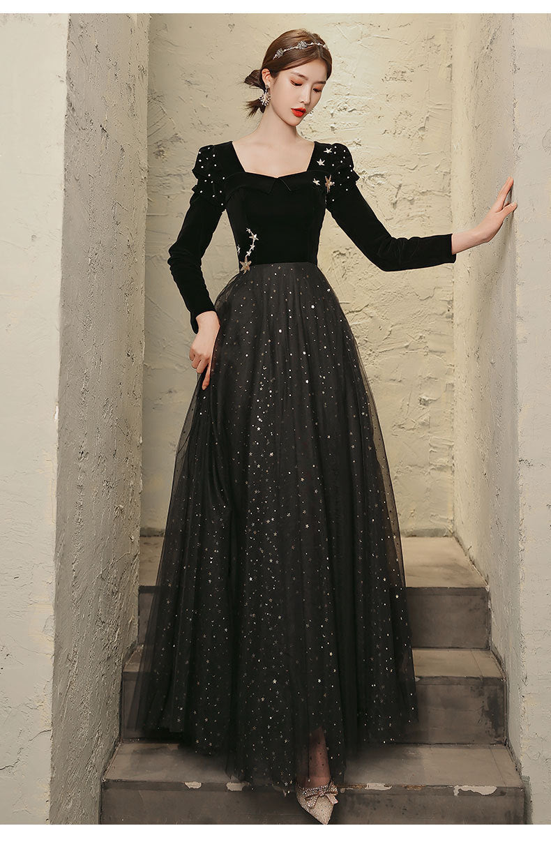 Banquet Evening Dress 2024 New Black Ladies Long Sleeves Graceful Formal Dress Host Performance Dinner Annual Meeting Gift