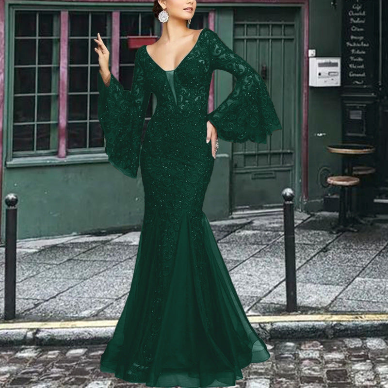 2024 Spring/Summer Cross-Border New Arrival European and American Evening Dress Noble Sexy Slim Fishtail Long Banquet Dress Dress