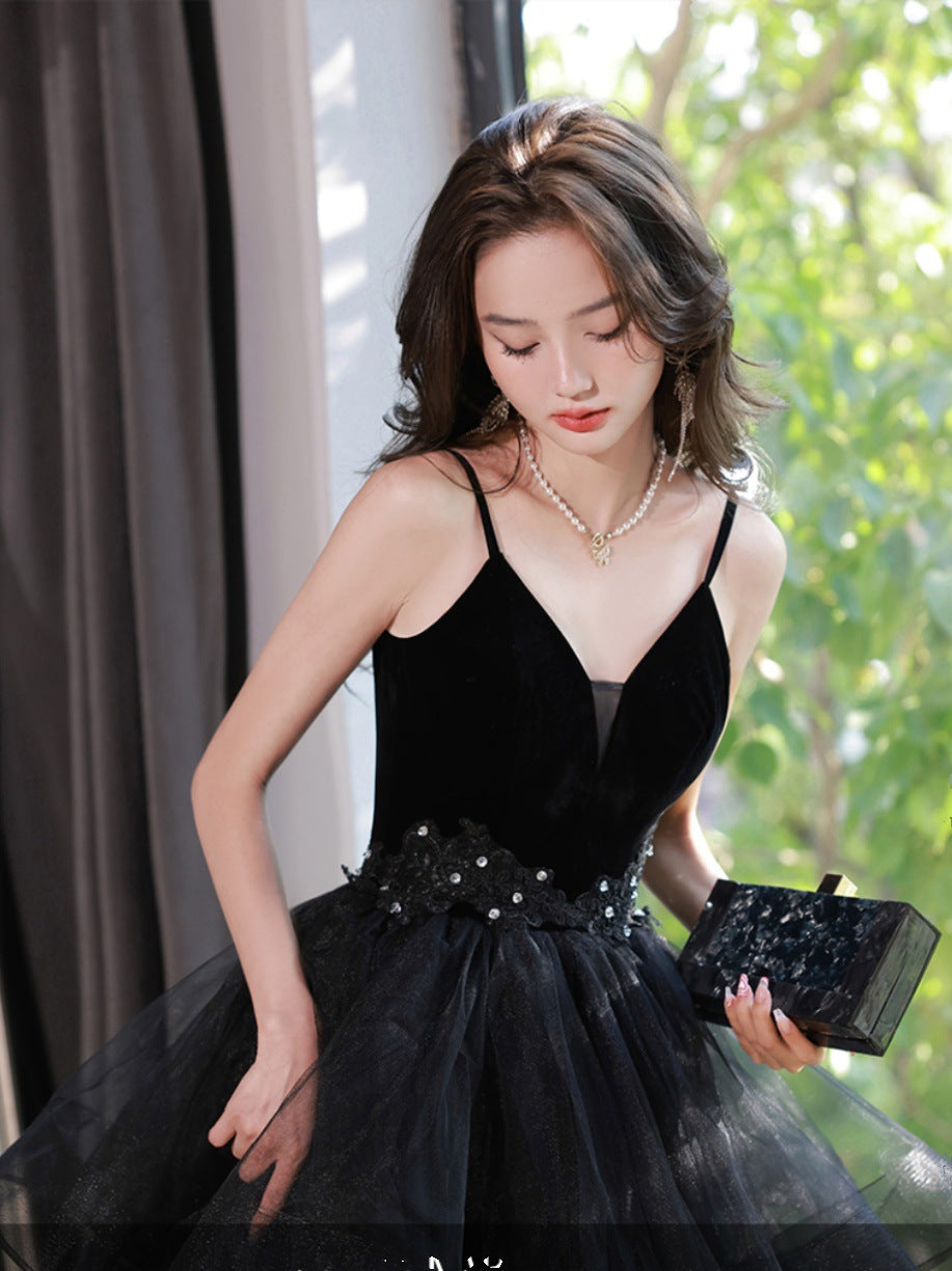 Prom dress French Evening Dresses Women's Black Mesh Hepburn Style Host Princess Long Gown H89920