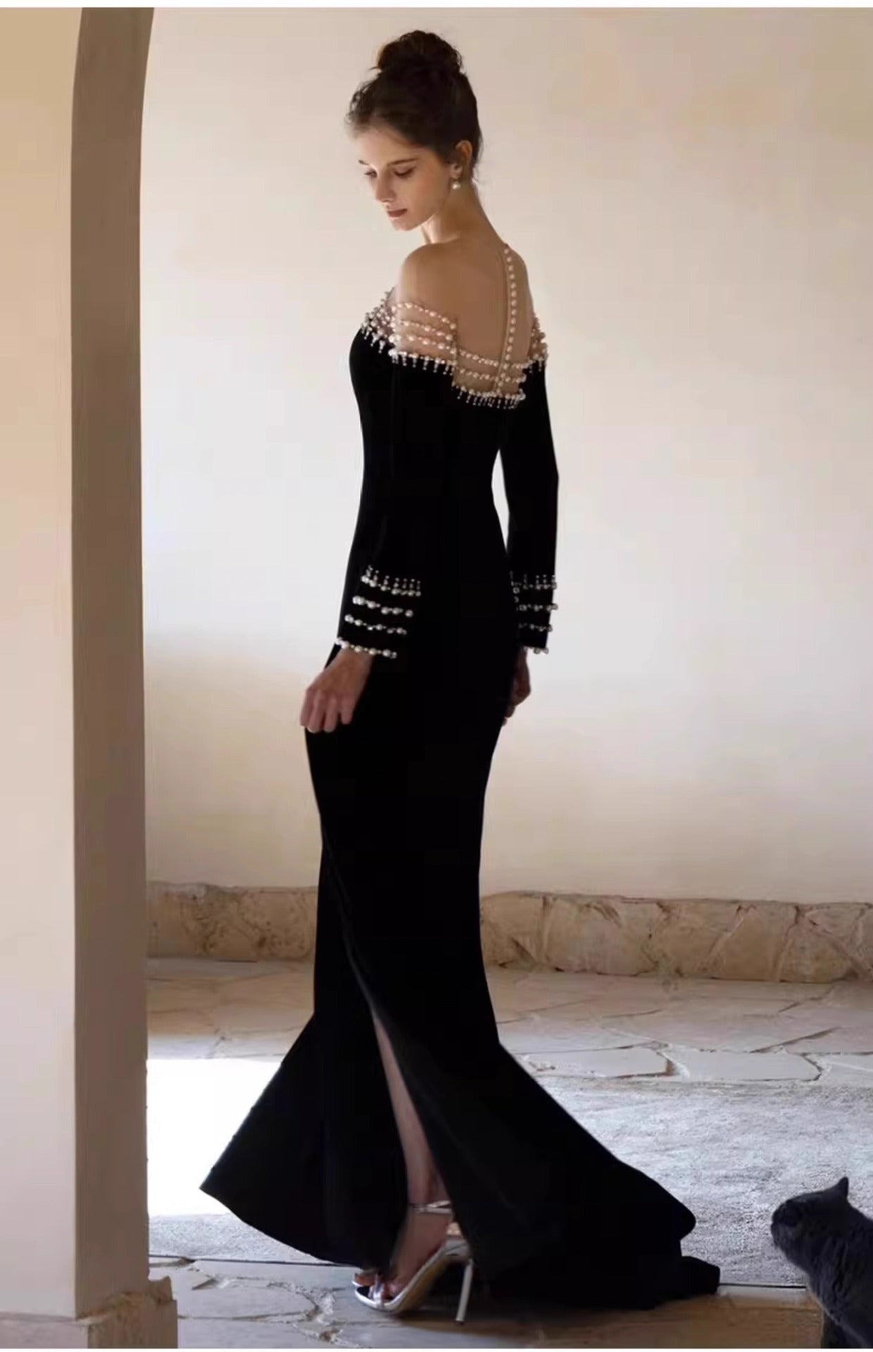 French Style Hepburn Wind Black Evening Dress 2024 New Long-Sleeved Pearl off-Shoulder Fishtail Costume