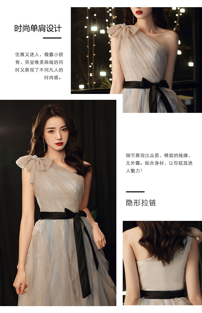 Annual Party Evening Dress Women's 2024 Belt Oblique Shoulder Design Socialite Host Dress Temperament Piano Performance Dress