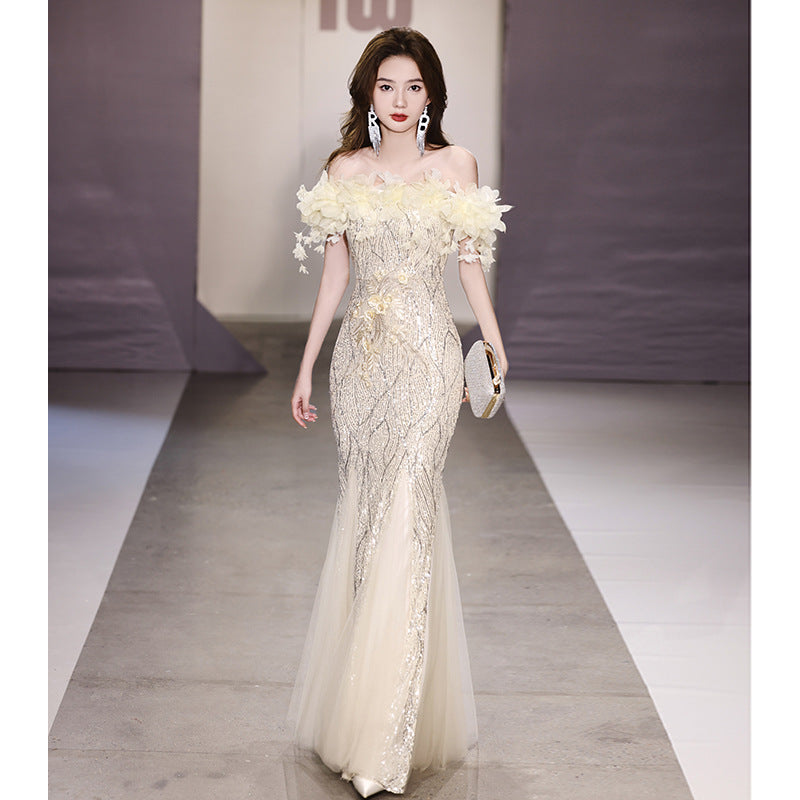 Fishtail Evening Dress 2024 off-Shoulder High-End Affordable Luxury Niche High-End Host Sequined Annual Meeting Dinner Flash
