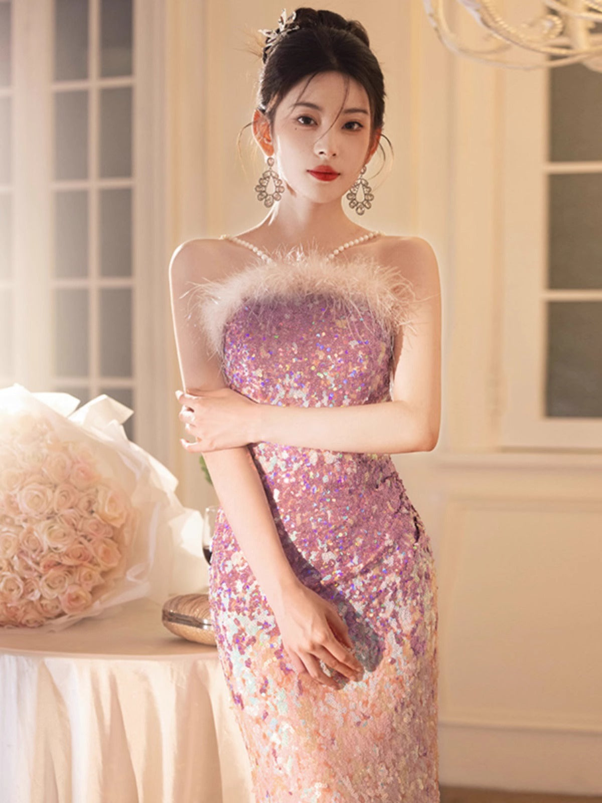 Tube Top Fishtail Dress Evening Dress for Women 2024 New High-End High-End Pink Niche Banquet Temperament Socialite Dress