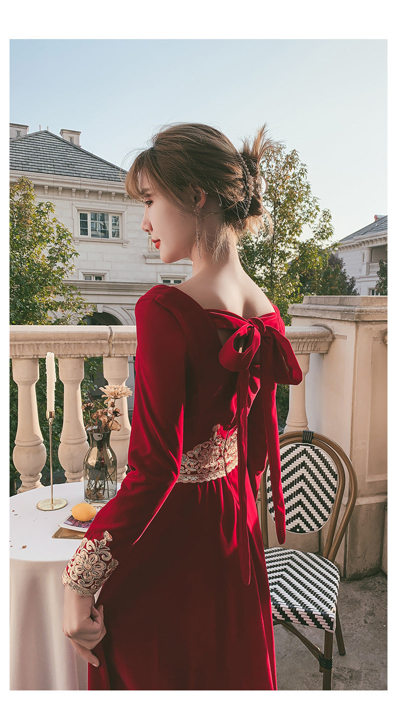 Toast Dress Bride 2024 New Autumn Velvet Long-Sleeved Red Back-to-Door Dinner Dress Marriage Engagement Toast