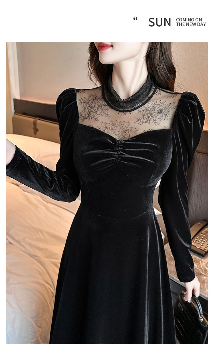 2023 Autumn and Winter Annual Party Party Dress Skirt ~ French Style Hepburn Elegant Half Turtleneck Lace Stitching Velvet Dress