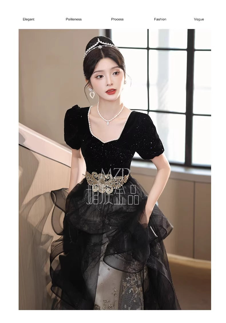 Black Evening Dress for Women 2024 New Banquet Long Sleeve French Summer Vocal Music Art Test Dress Light Luxury Minority High-End