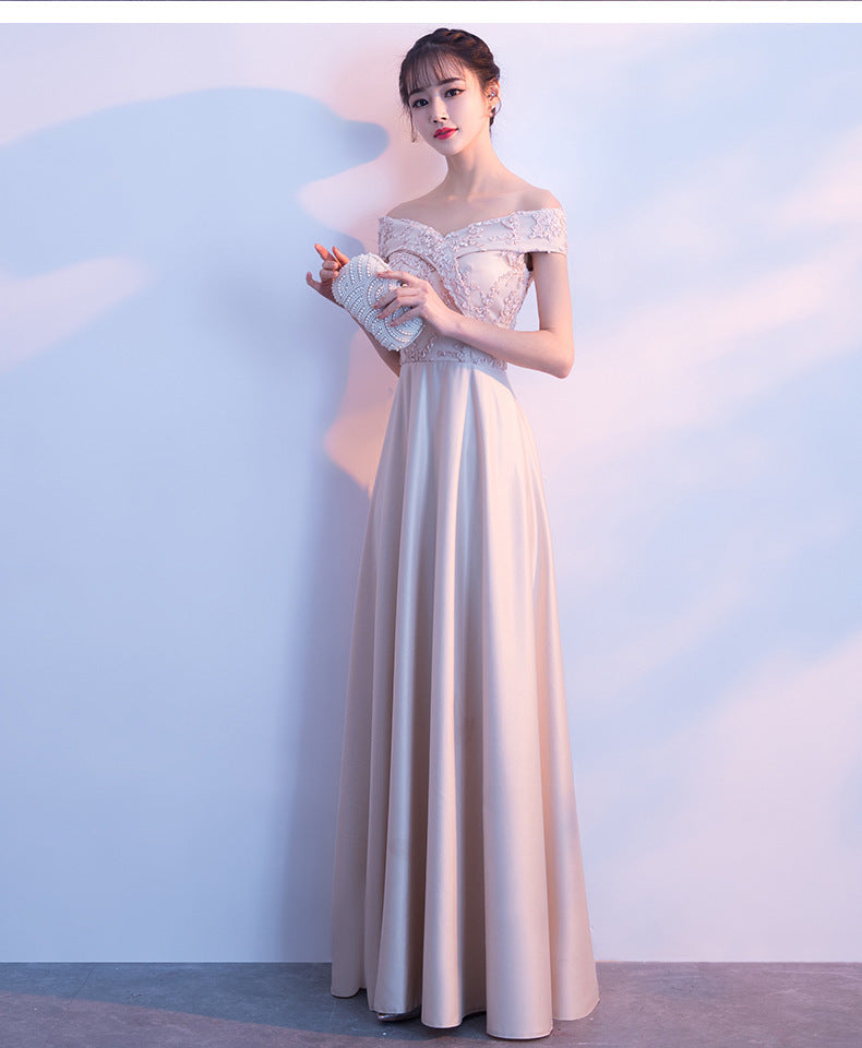 Banquet Evening Dress 2024 Autumn New Korean Style Elegant off-Shoulder Long Slimming Bridesmaid Dress for Women