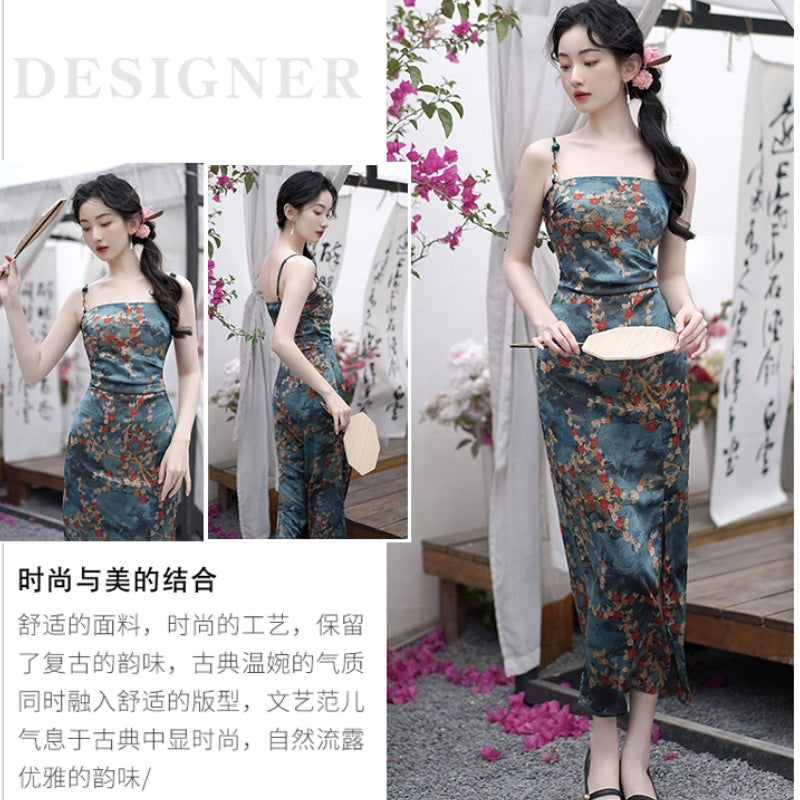 2024 Summer New High Sense Slim-Fit Figure Flattering Long Dress Retro Color Printing Sleeveless Split Dress National Style