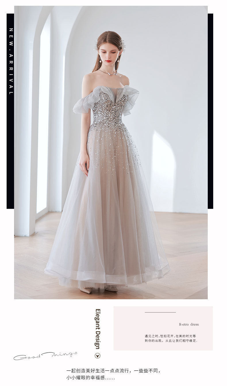 Temperament Banquet Evening Dress for Women 2024 New Autumn Bridal off-Shoulder Gray Elegant Dress for Host