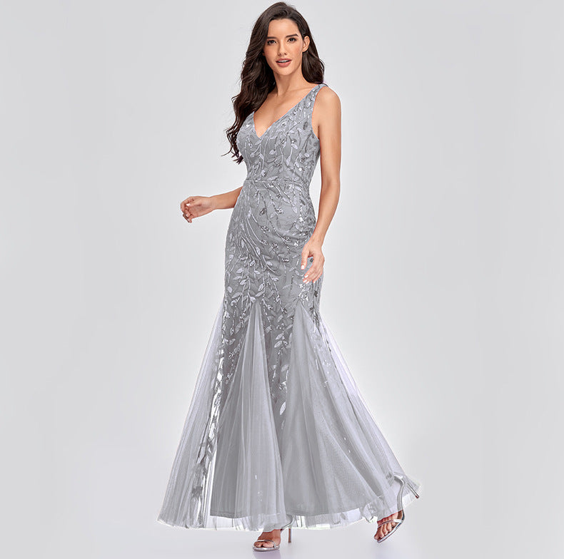 New 2023 Dress Sexy Dress Sleeveless V-neck Embroidery Sequin Slim Fishtail Bridesmaid Evening Dress for Women