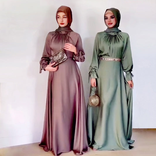 In Stock Xy010 Middle East Saudi Foreign Trade Cross-Border Muslim Hui Acetate Satin Tied Dress Female Abaya