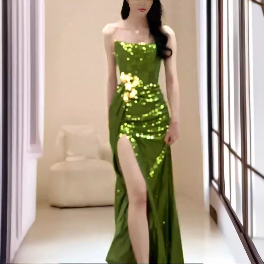 New Chinese Style Green Sequined Morning Gowns Evening Dress 2024 New Bridal Toast Dress Tube Top Birthday Trailing Little Dress