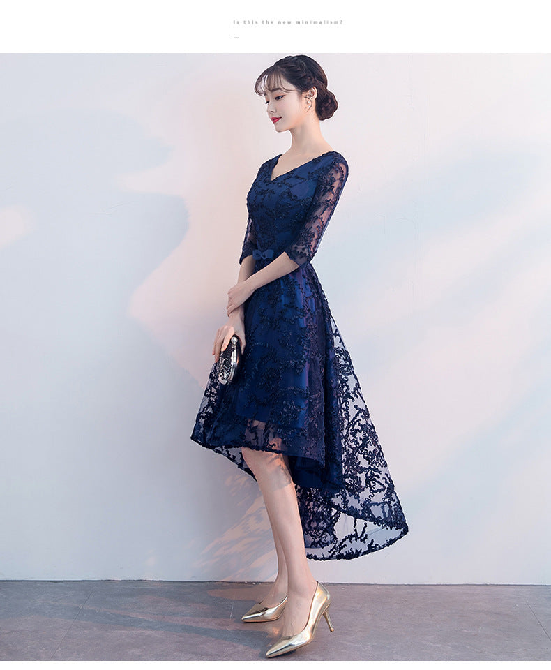 Navy Blue Evening Dress Temperament Banquet Mom Wedding Reception Clothes Front Short Back Length Dress Daily Style Autumn and Winter