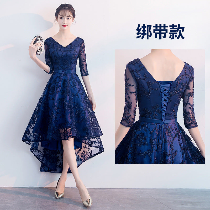 Navy Blue Evening Dress Temperament Banquet Mom Wedding Reception Clothes Front Short Back Length Dress Daily Style Autumn and Winter