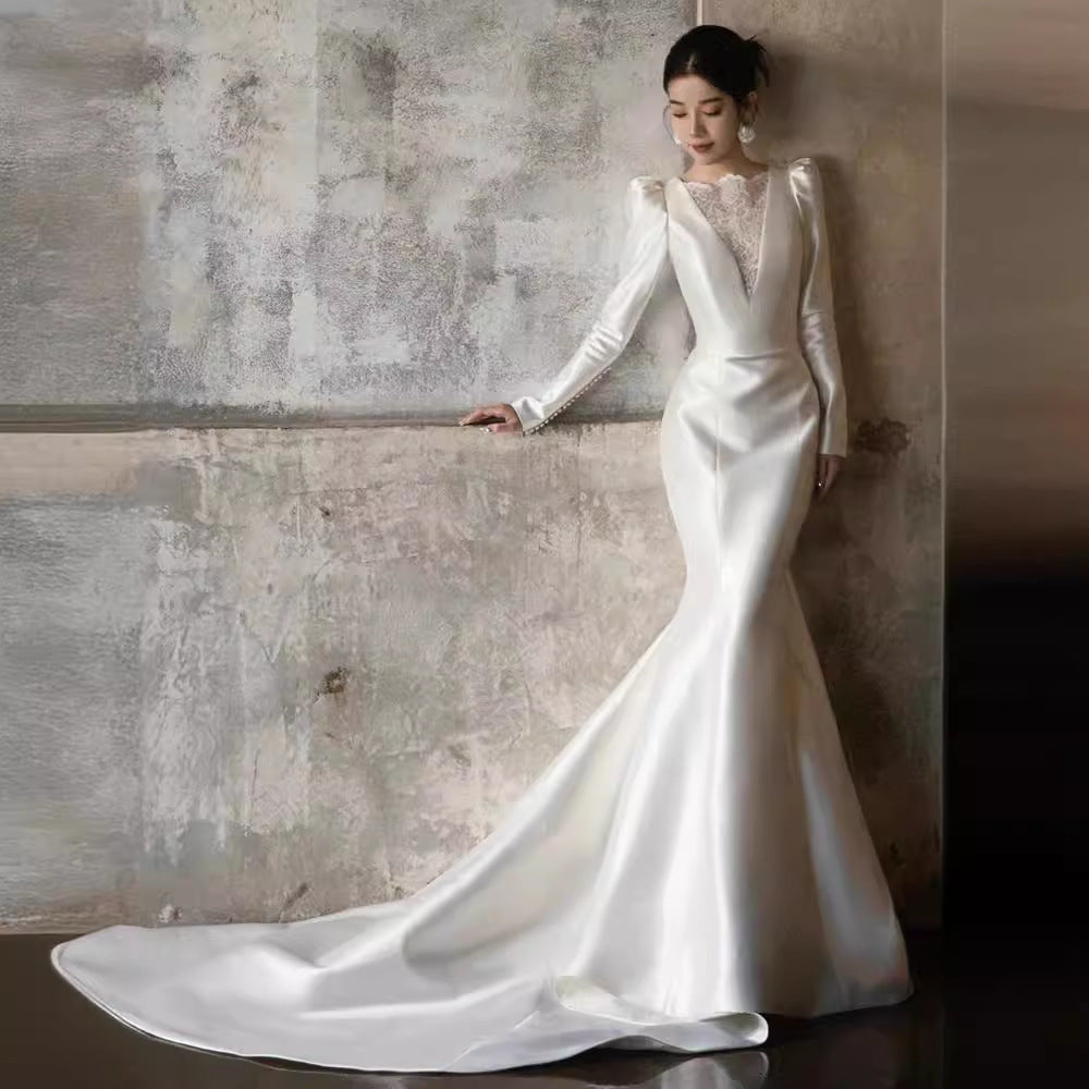 Wedding Dress Satin Long Sleeve Fishtail Outdoor Yarn Banquet Evening Gown H2911