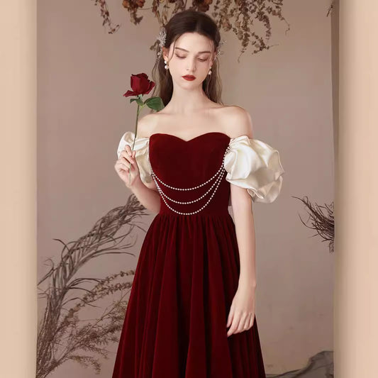 TOAST Clothing 2024 New off-Shoulder Velvet Bridal Marriage Engagement Red Tube Top Simple Elegant Pearl Dress