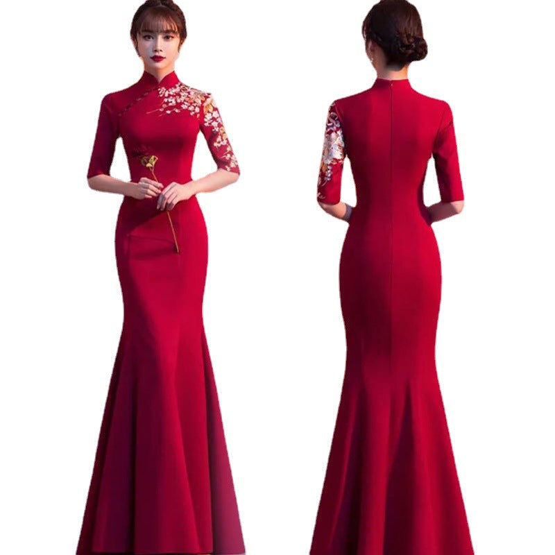 Cheongsam Dress High Collar Chinese Toast Gown Bride Female Chinese Style Retro Red China Wedding Dress H8923