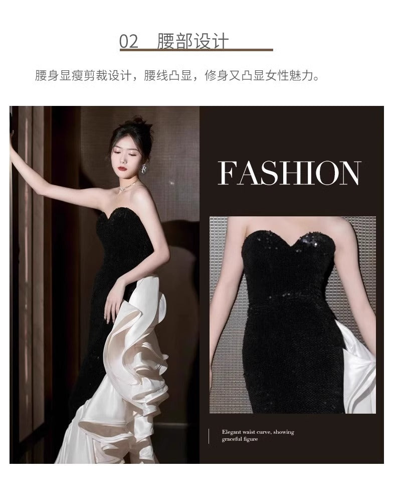 Black Paillette Evening Dress for Women High-End Affordable Luxury Niche Graduation Adult Ceremony Tube Top High-Grade Sense Bridal Party Fishtail Skirt