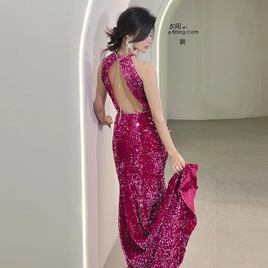 Rose Red Evening Dress Temperament Entry Lux Sense Backless Fishtail Engagement Dress Bridal Halter Toast Dress