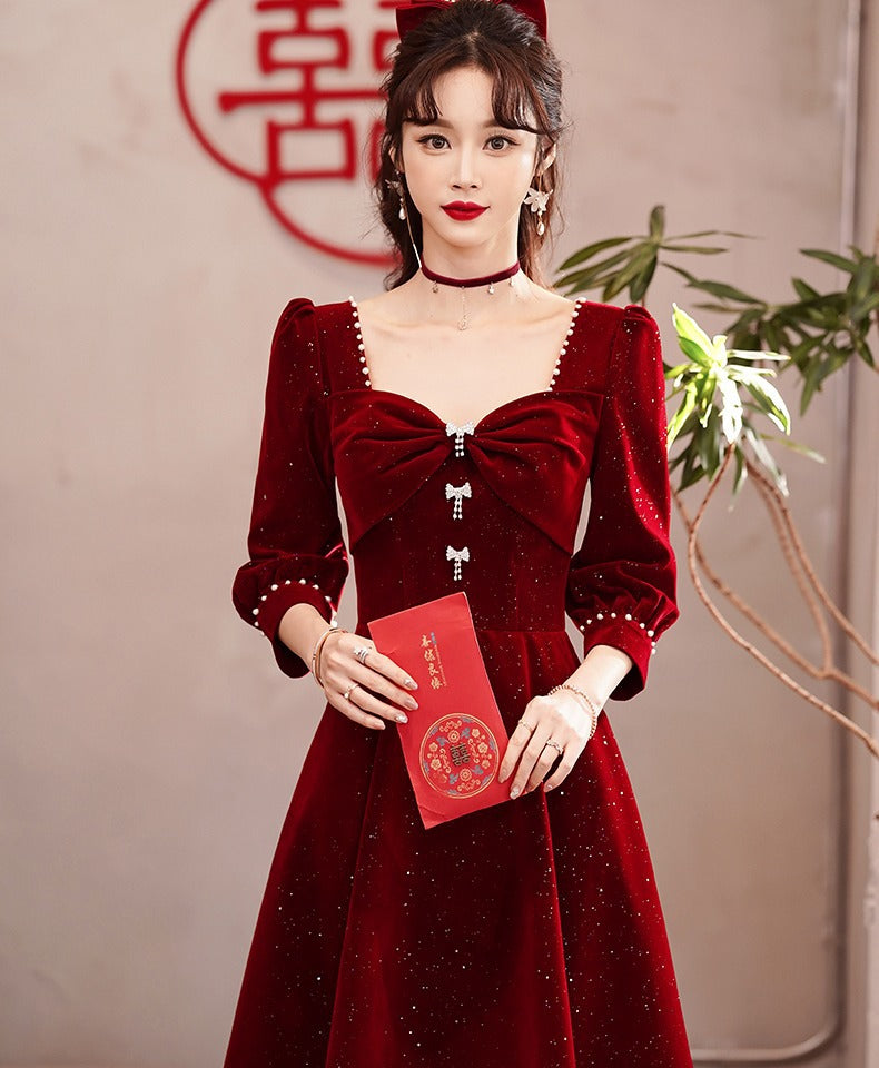 Toast Dress Bride Red Dress Women's High-Grade Skirt Small Engagement Dress Long Sleeve Daily Style Women