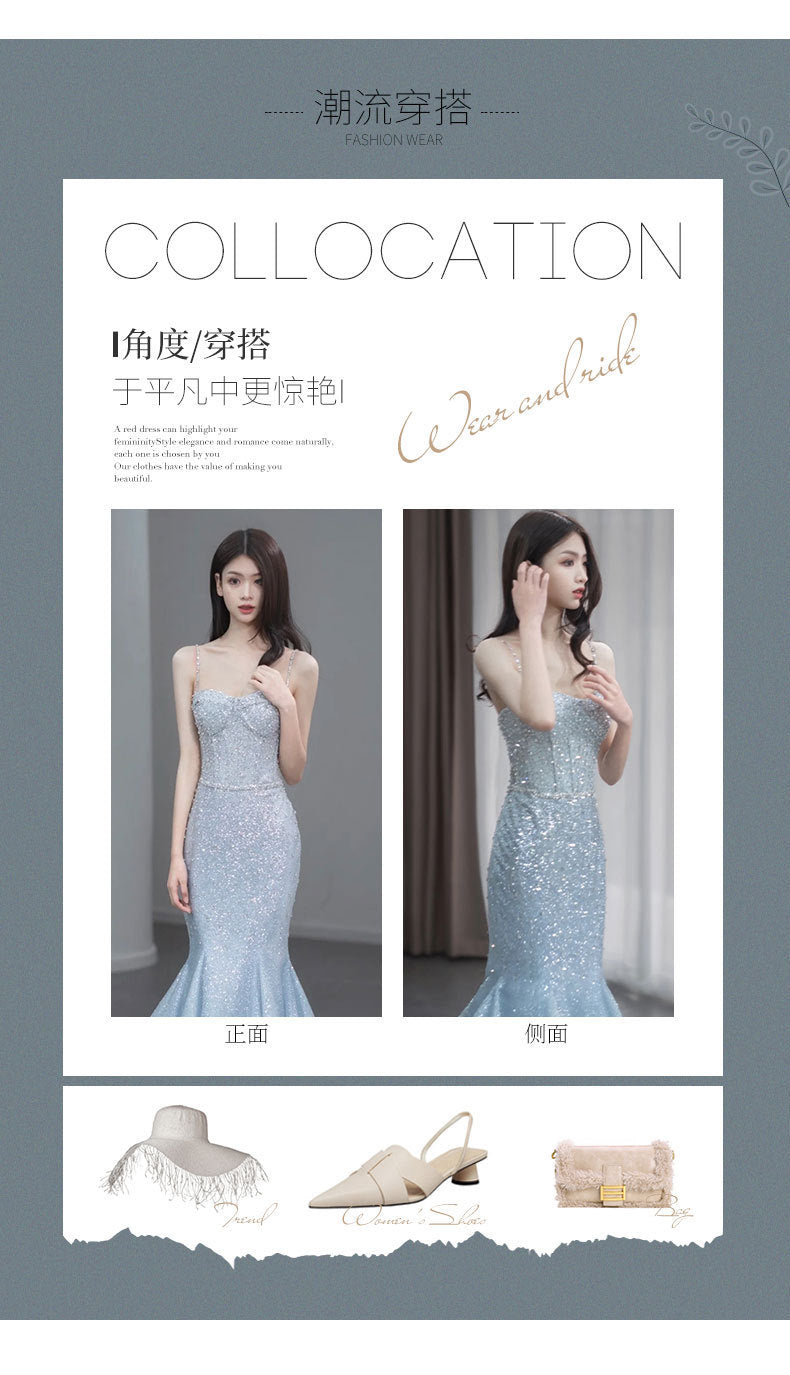Fishtail Evening Dress High-Grade Model Catwalk Student Art Exam Toast Dress Bride Super Fairy Blue French Strap