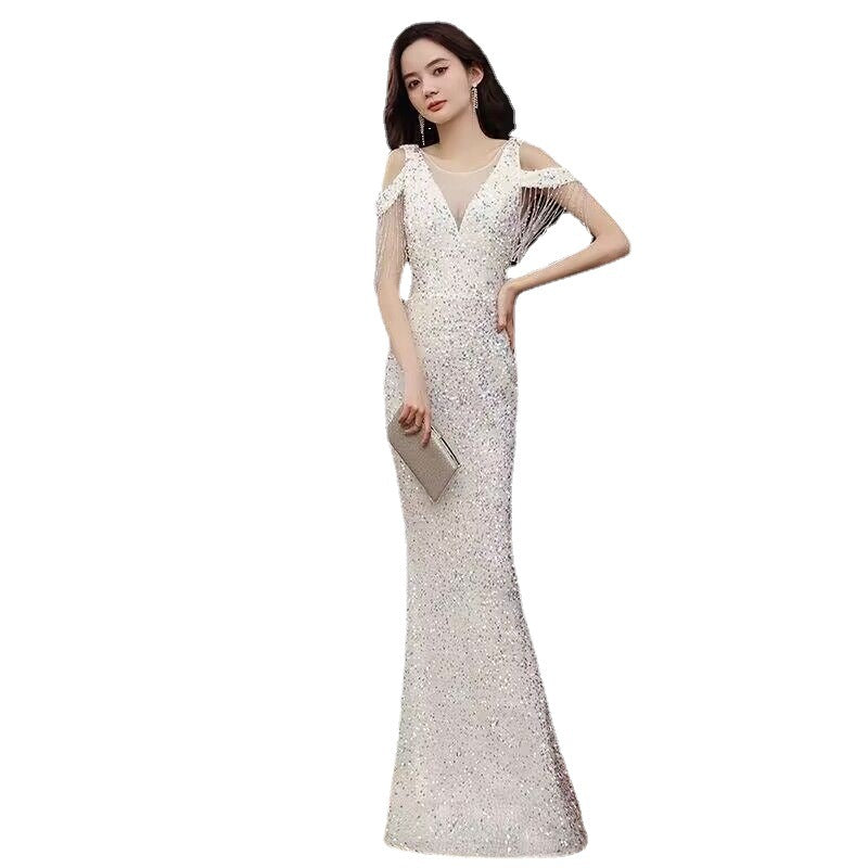 3185 Heavy Industry Evening Dress Women's New Banquet Temperament High-End Fishtail Host Socialite Light Luxury Minority High-End