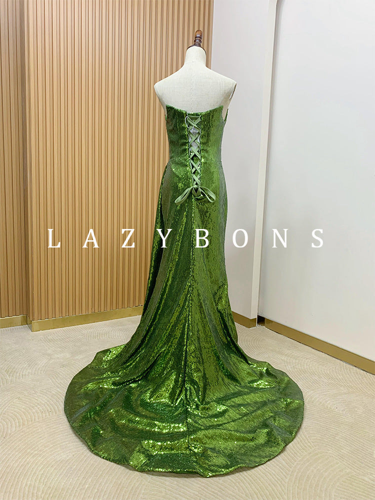 New Chinese Style Green Sequined Morning Gowns Evening Dress 2024 New Bridal Toast Dress Tube Top Birthday Trailing Little Dress