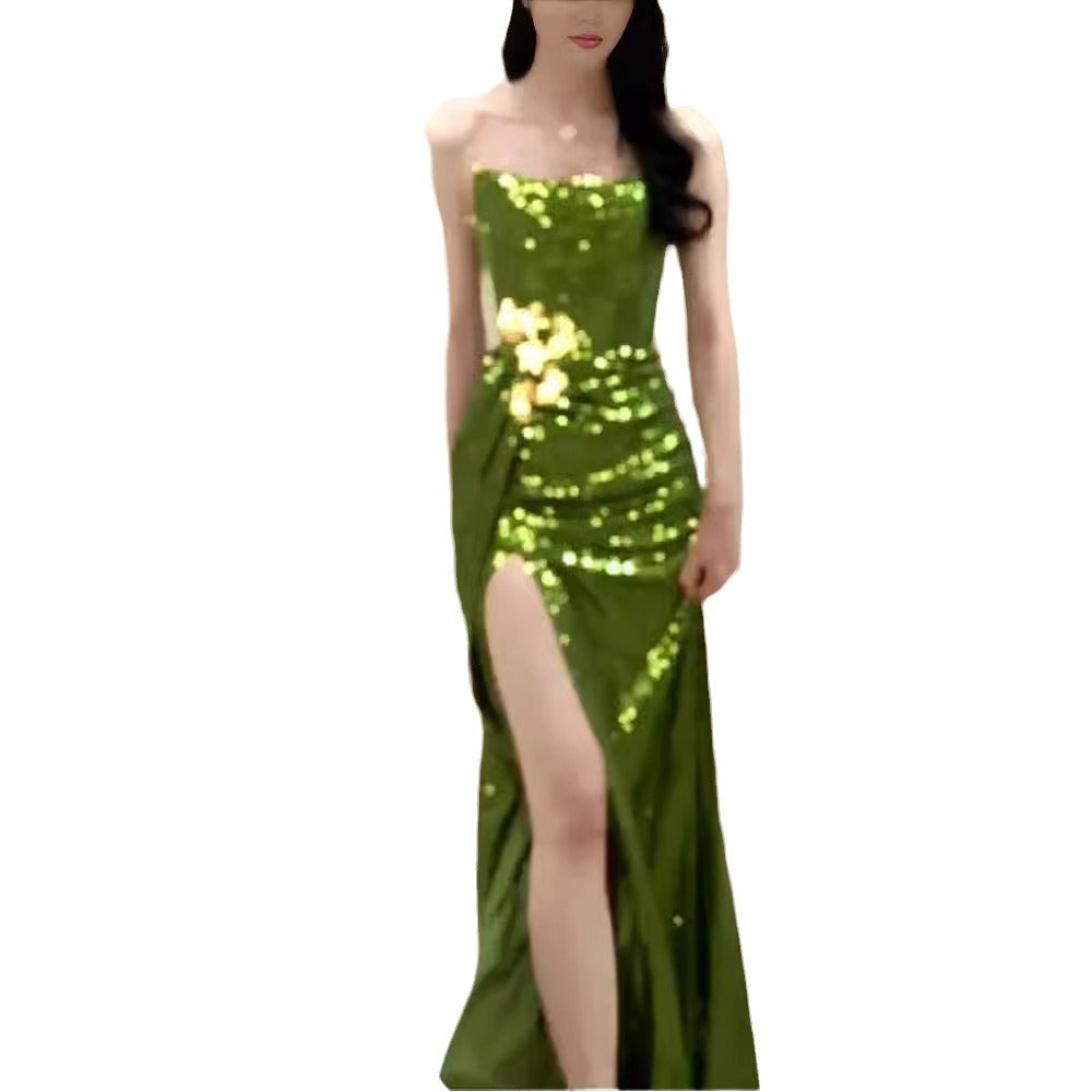 New Chinese Style Green Sequined Morning Gowns Evening Dress 2024 New Bridal Toast Dress Tube Top Birthday Trailing Little Dress