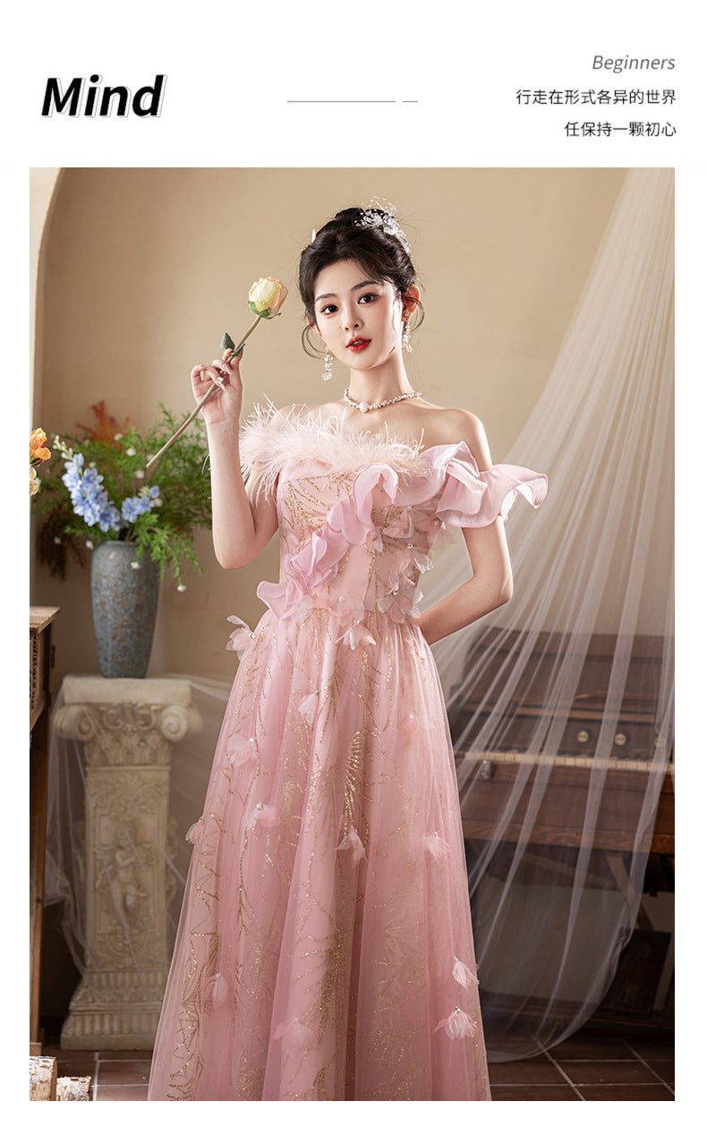 off-Shoulder Evening Dress Female Banquet Temperament Socialite High-End Affordable Luxury Niche Host Engagement High-Grade Pink