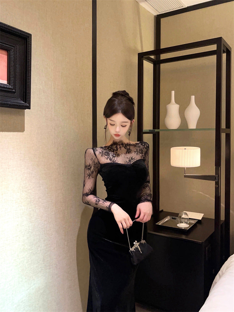 1164 Europe and America Southeast Asia Foreign Trade Wholesale 2024 French Pure Desire Lace Stitching Velvet Backless Dress Dress