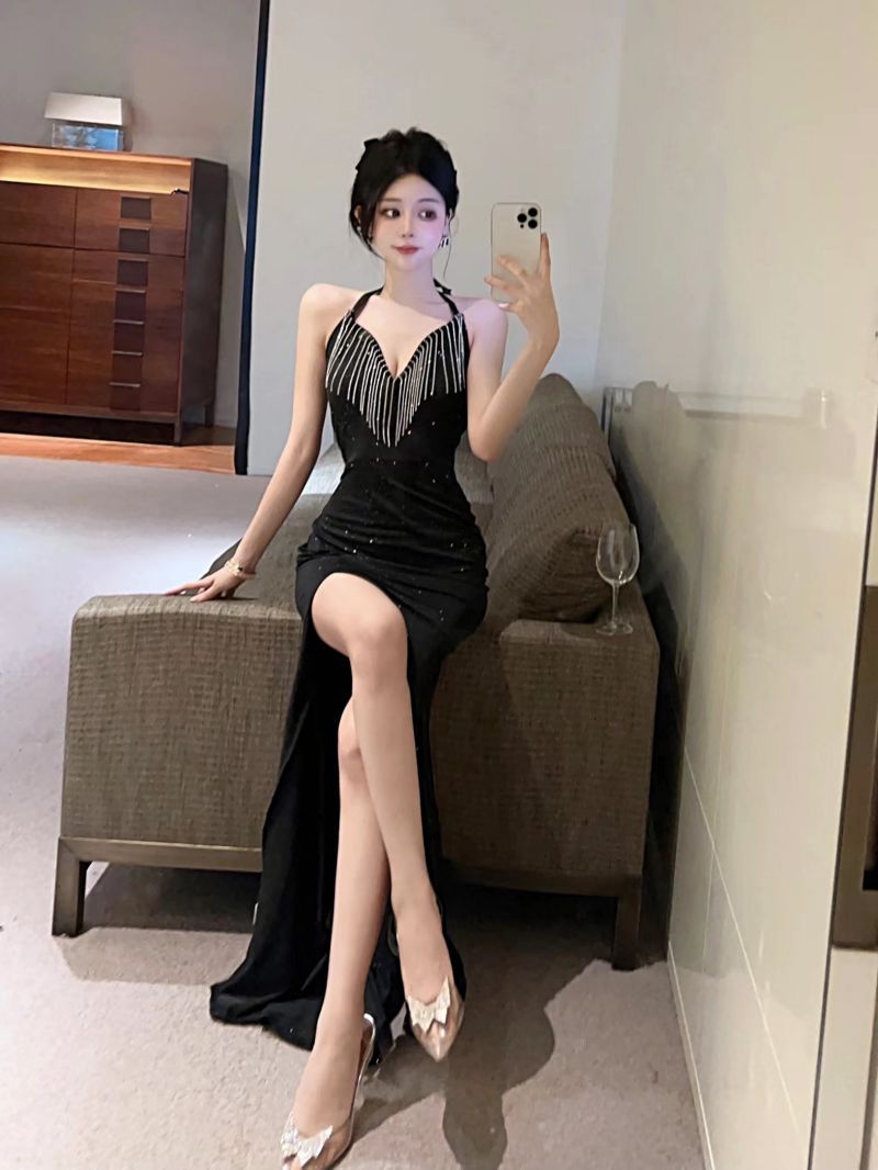 28654 Europe and America Southeast Asia Foreign Trade Wholesale 2024 Women's Clothing Socialite Heavy Industry Dress High Waist Slit Dress