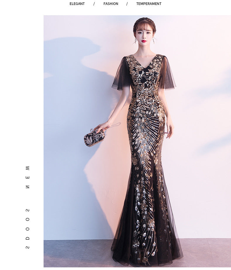 Evening Dress for Women 2024 New Banquet Socialite Gathering Long Style with Medium Sleeves V-neck Black Paillette Host Fishtail