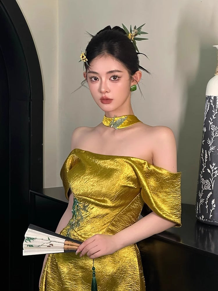 New Chinese Style Morning Gowns Women's 2024 New Tube Top Bride Engagement Formal Dress Toast Clothing off-Shoulder Host Evening Dress