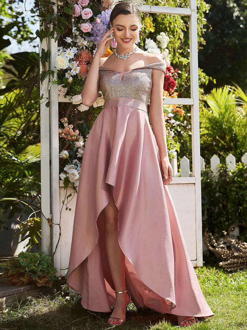 Europe and America Cross Border Foreign Trade off-Shoulder Evening Dress off-Shoulder Sequins High-End Banquet Graceful Satin Dress Small Tail