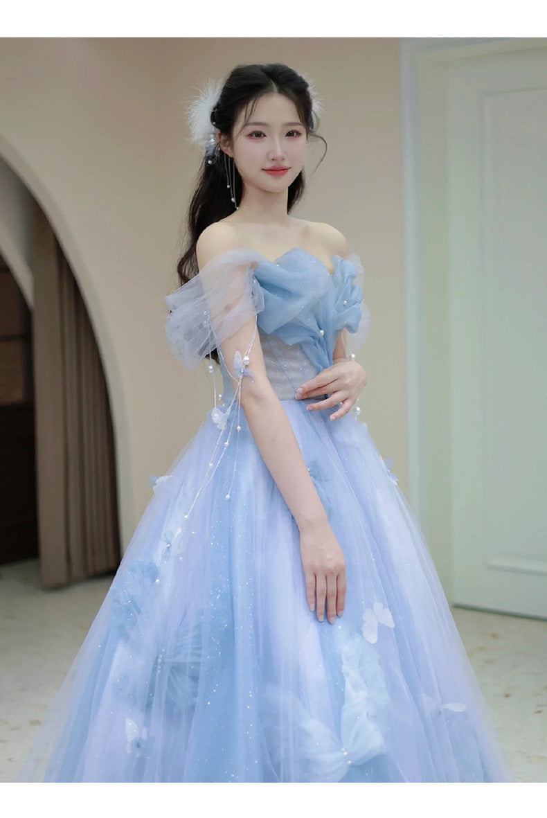 Blue Banquet Evening Dress for Women 2024 New High-Grade Princess on the Run Toast Dress Fairy Light Luxury Annual Meeting Dress