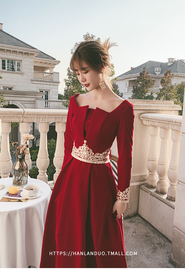 Toast Dress Bride 2024 New Autumn Velvet Long-Sleeved Red Back-to-Door Dinner Dress Marriage Engagement Toast