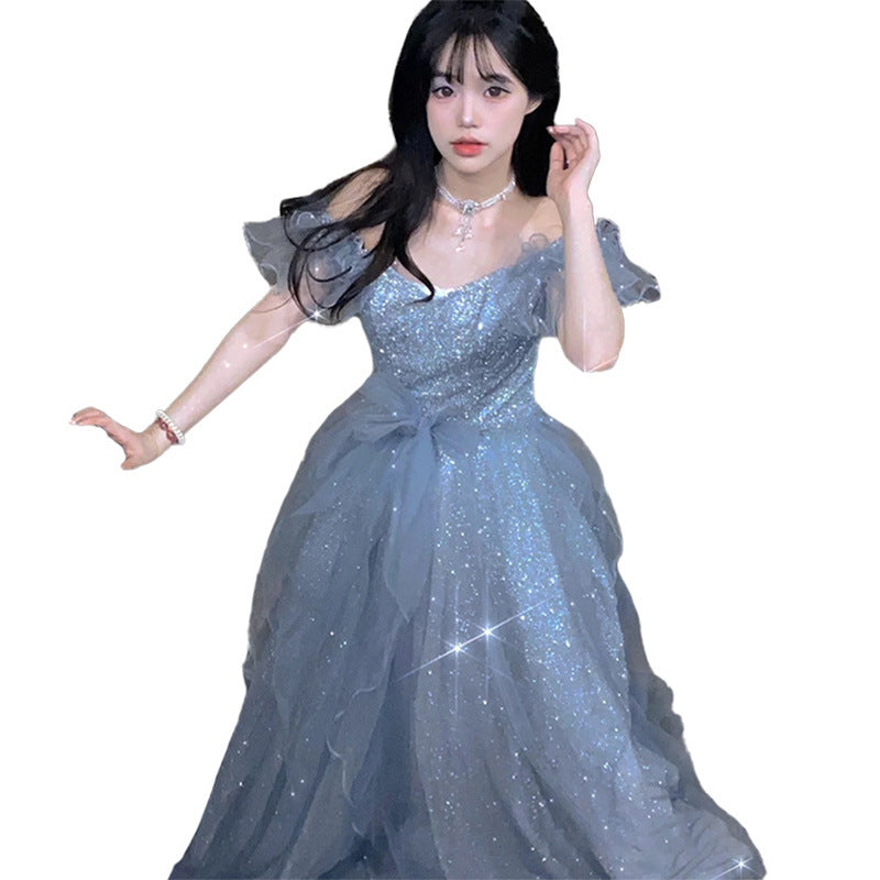French Princess Escape Evening Dress Super Fairy Blue Student Art Exam Performance Dress off-Shoulder Temperament Bride Toast Dress