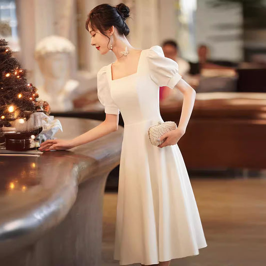 Evening Gown White satin for Women Ladies Banquet Dress Mid-Length H8802