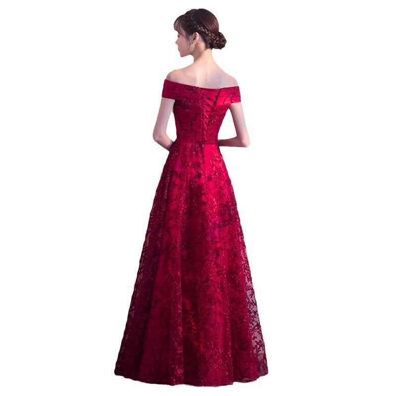 2024 New Summer Red Lace Off-Shoulder Long Slimming Wedding Evening Dress for Bride