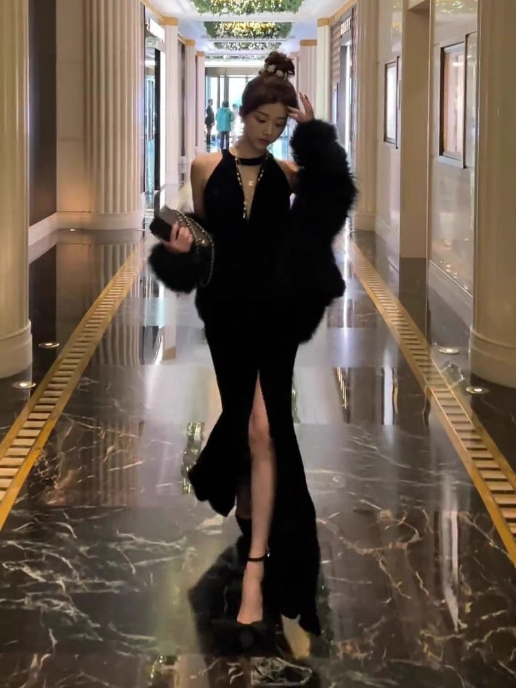 Evening Dress Light Luxury Minority High-End Temperament Socialite Hepburn Wind Black Pure Desire Split Sexy Halter Dress