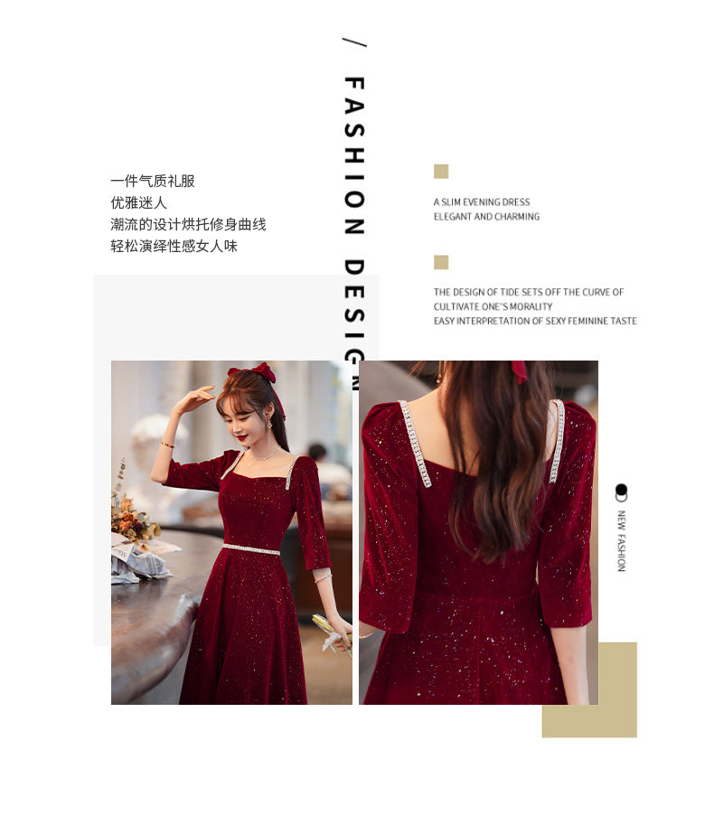 Toast Dress Bride 2024 New Autumn and Winter Fairy Wine Red Engagement Dress Wedding Back Door Toast Dress