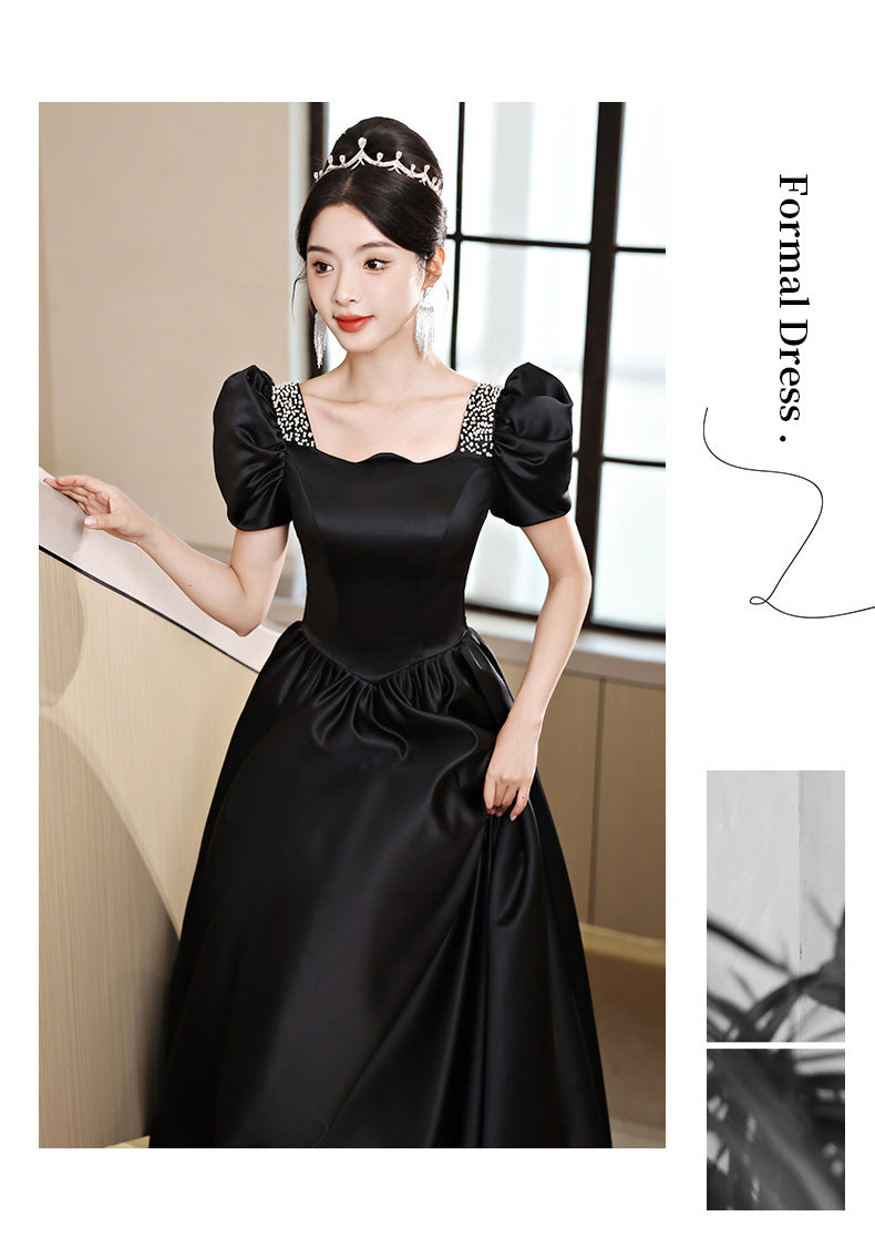 Black Evening Dress Women's Satin High Sense High-End Affordable Luxury Niche Banquet Adult Ceremony Temperament Host Art Test