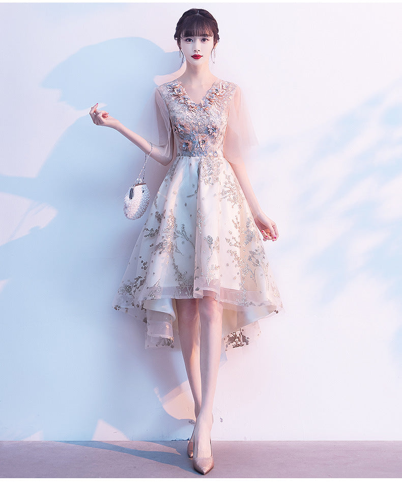 Evening Dress for Women Banquet Temperament Fairy Light Luxury Minority High-End Host Short Front Short Back Length Dress
