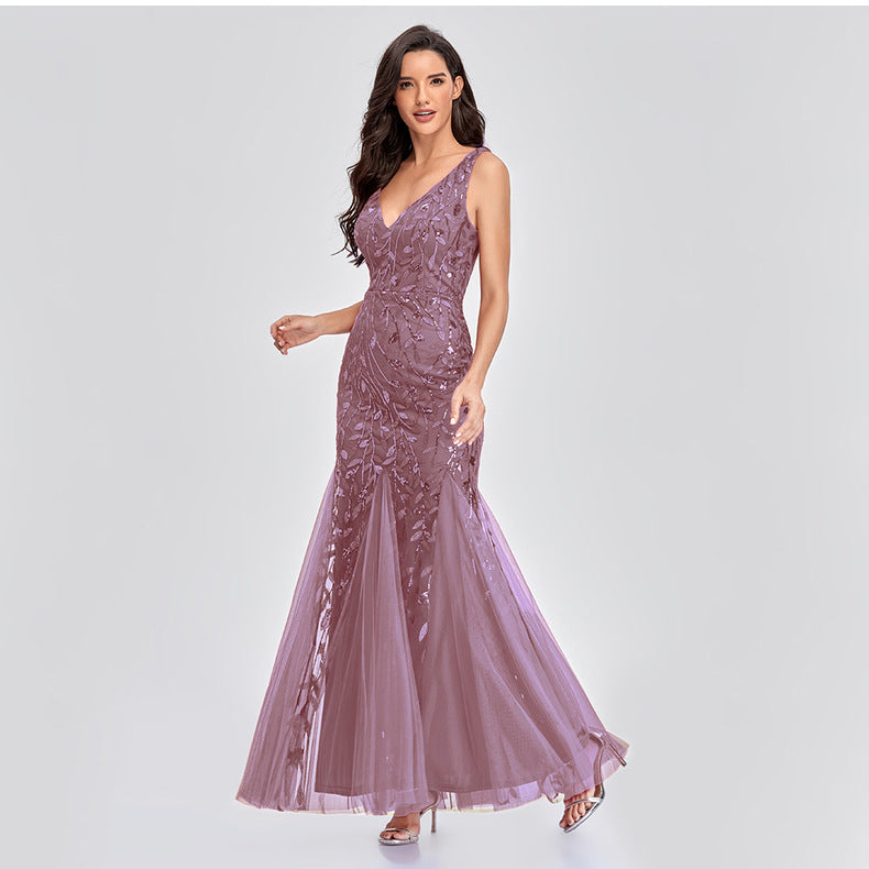 New 2023 Dress Sexy Dress Sleeveless V-neck Embroidery Sequin Slim Fishtail Bridesmaid Evening Dress for Women