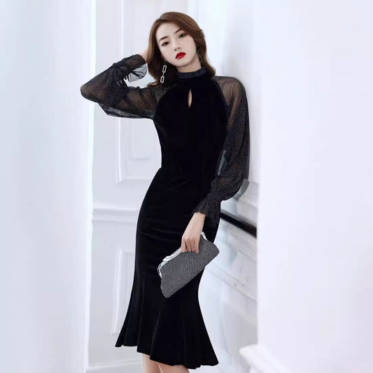 Toast Dress Bride High Sense Spring New Banquet Socialite Host Fishtail Evening Dress Black Slimming Slim Fit