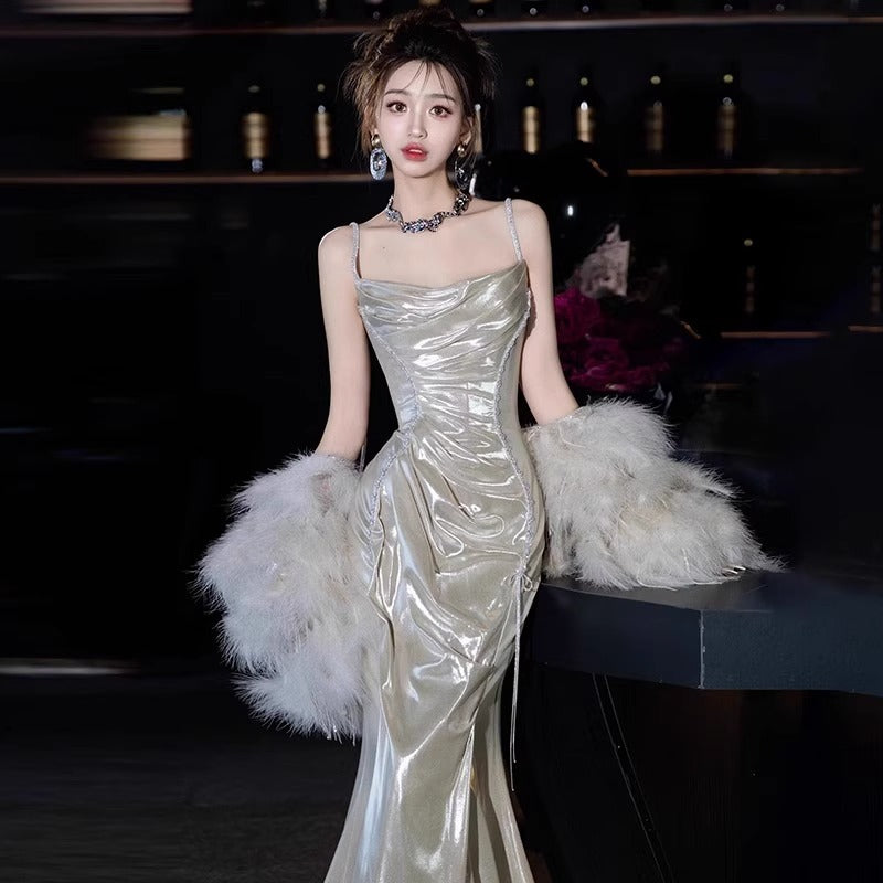 Silver Shiny Evening Dress Morning Gowns 2024 New High-End Sense Light Luxury Minority Birthday Party Sling Toast Dress