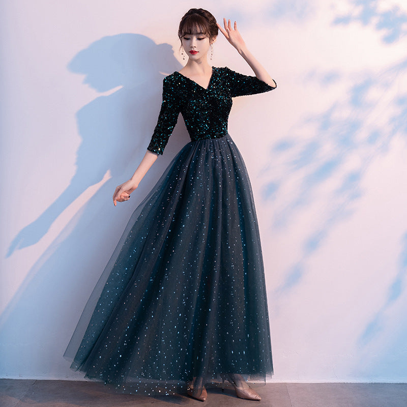 Dark Green Annual Party Evening Dress 2024 Autumn New Fashion Sexy V-neck Banquet Host Long Dress