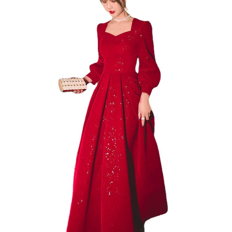 Evening Dresses Red Long Sleeve Dinner Dress Party Ball Gown Host'S Fishtail Star Shining H333