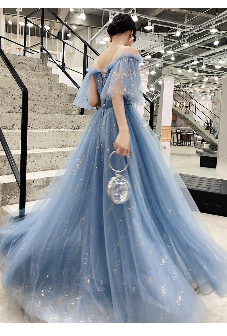 Blue Host Art Exam Evening Dress Female 2024 New Banquet Temperament Princess Fairy Mori Style